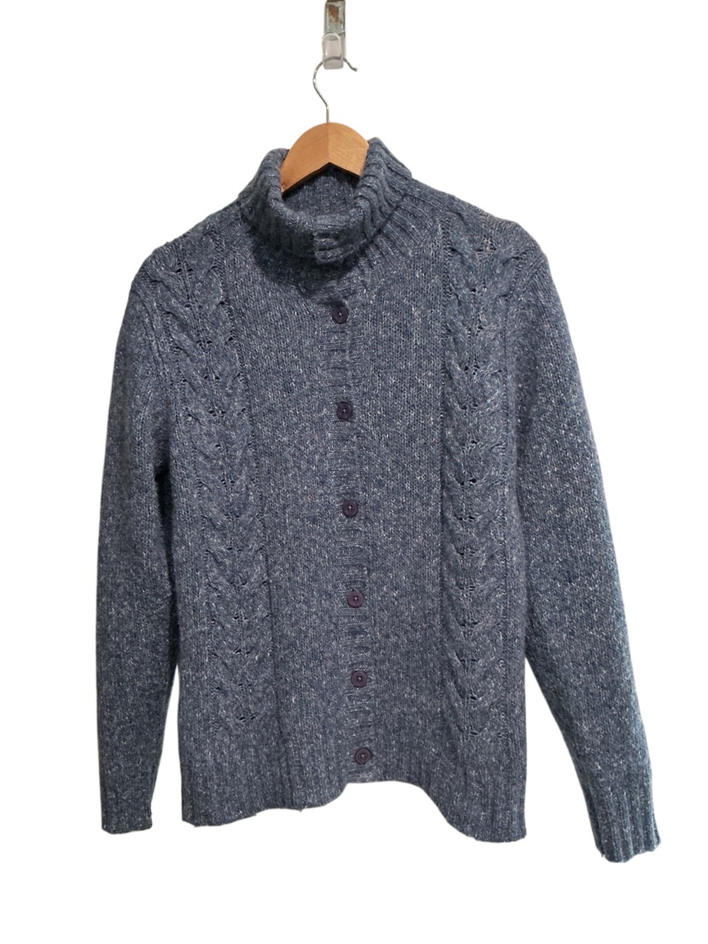 L.L. Bean Women’s Cardigan Cable Knit Sweater Heather Blue Fishers